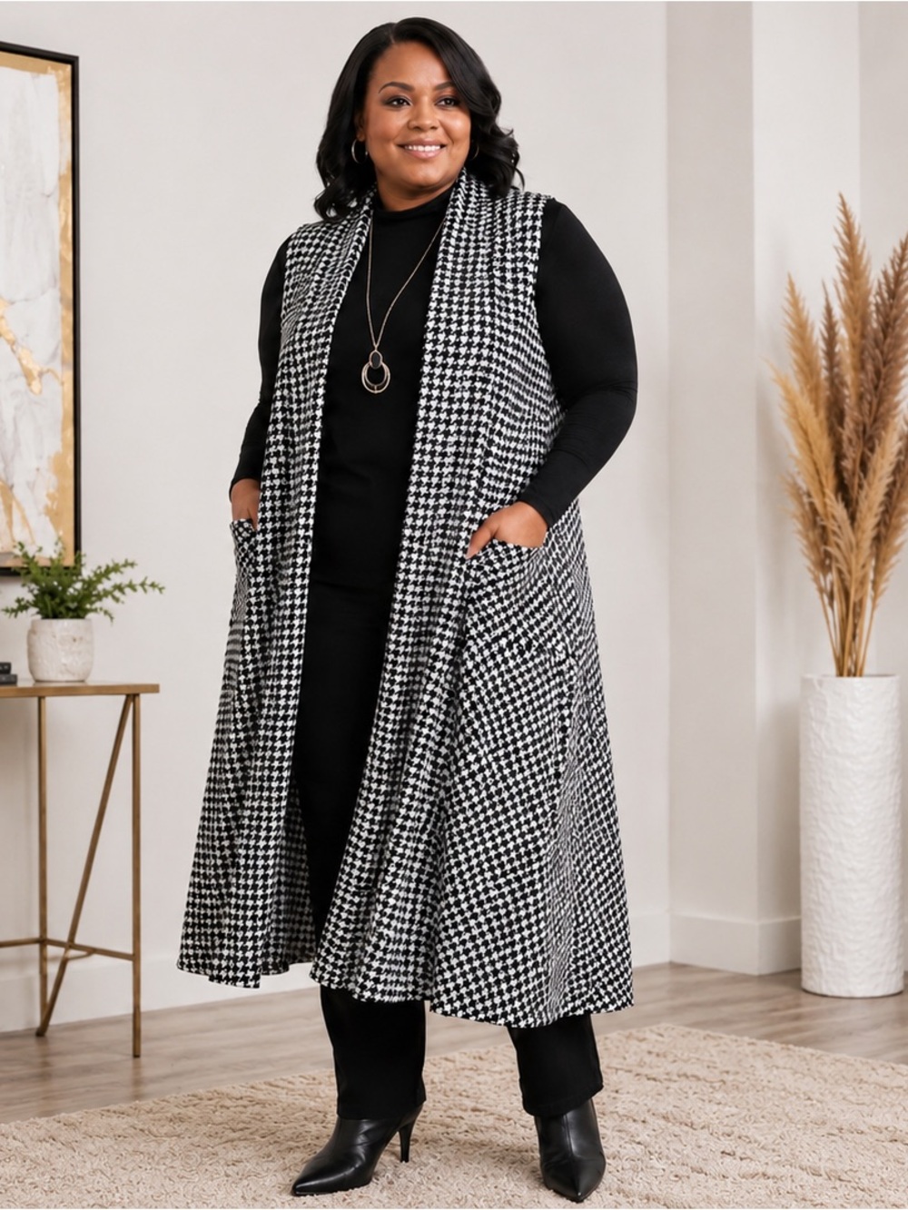 Leo & Nicole Black and Grey Houndstooth 2X Long Sleeveless Duster / Vest NWT